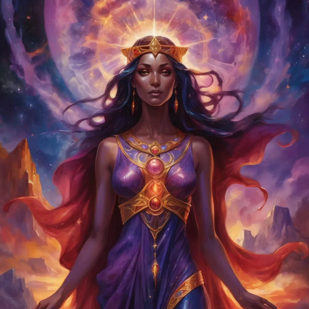 Prompt: Create a stunning, otherworldly depiction of Promethea, a divine, ethereal figure from the mystical realm of imagination. She stands tall, her flowing, radiant gown infused with the colors of a cosmic sunset—deep purples, golds, and fiery reds—shimmering with arcane symbols and celestial patterns. Her eyes glow with the wisdom of ancient gods, and in her hand, she holds a golden caduceus, representing knowledge and magic. Surrounding her is a swirling tapestry of mythical creatures, abstract patterns, and elements from various mythologies—Greek, Egyptian, and beyond—interweaving with the stars and planets of a boundless sky. The background should blend modern cityscapes with the dreamlike world of the Immateria, with bridges of light connecting them. Everything should feel like a fusion of magic and modernity, radiating power, wonder, and mystery."

This captures the essence of Promethea, blending mythology with the infinite imagination and dreamlike qualities central to the story.