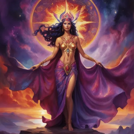 Prompt: Create a stunning, otherworldly depiction of Promethea, a divine, ethereal figure from the mystical realm of imagination. She stands tall, her flowing, radiant gown infused with the colors of a cosmic sunset—deep purples, golds, and fiery reds—shimmering with arcane symbols and celestial patterns. Her eyes glow with the wisdom of ancient gods, and in her hand, she holds a golden caduceus, representing knowledge and magic. Surrounding her is a swirling tapestry of mythical creatures, abstract patterns, and elements from various mythologies—Greek, Egyptian, and beyond—interweaving with the stars and planets of a boundless sky. The background should blend modern cityscapes with the dreamlike world of the Immateria, with bridges of light connecting them. Everything should feel like a fusion of magic and modernity, radiating power, wonder, and mystery."

This captures the essence of Promethea, blending mythology with the infinite imagination and dreamlike qualities central to the story.