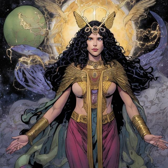 Prompt: The appearance of Promethea's face depends on the artist's interpretation in different issues of the comic book series. However, she is commonly depicted as having a youthful and serene visage with a hint of ethereal beauty. Her eyes often radiate wisdom, and her expression often conveys a sense of calm and inner strength. The exact details of her facial features may vary, but her appearance typically embodies a sense of mystique and enchantment that reflects her status as a divine and transformative figure.