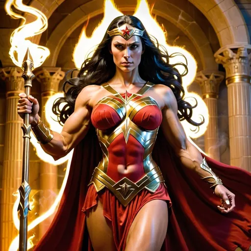 Prompt: The description evokes a powerful and imposing figure in the form of the Magic Goddess Promethea, reminiscent of Wonder Woman with bronze armor, red robes with gold trim, and a burning staff. The emphasis on her heavily muscled physique enhances her aura of strength and prowess, establishing her as a formidable presence in the realm of mythical beings.