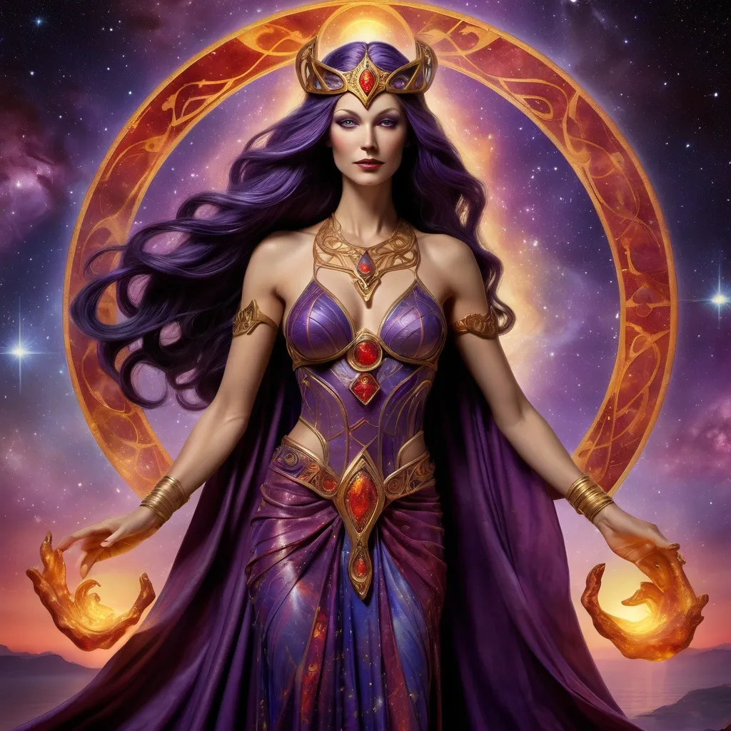 Prompt: Create a stunning, otherworldly depiction of Promethea, a divine, ethereal figure from the mystical realm of imagination. She stands tall, her flowing, radiant gown infused with the colors of a cosmic sunset—deep purples, golds, and fiery reds—shimmering with arcane symbols and celestial patterns. Her eyes glow with the wisdom of ancient gods, and in her hand, she holds a golden caduceus, representing knowledge and magic. Surrounding her is a swirling tapestry of mythical creatures, abstract patterns, and elements from various mythologies—Greek, Egyptian, and beyond—interweaving with the stars and planets of a boundless sky. The background should blend modern cityscapes with the dreamlike world of the Immateria, with bridges of light connecting them. Everything should feel like a fusion of magic and modernity, radiating power, wonder, and mystery."

This captures the essence of Promethea, blending mythology with the infinite imagination and dreamlike qualities central to the story.