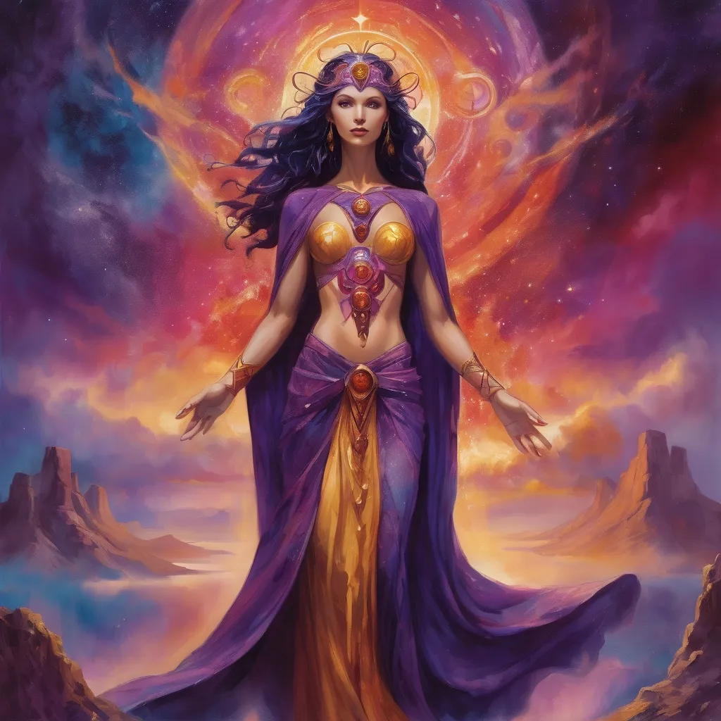 Prompt: Create a stunning, otherworldly depiction of Promethea, a divine, ethereal figure from the mystical realm of imagination. She stands tall, her flowing, radiant gown infused with the colors of a cosmic sunset—deep purples, golds, and fiery reds—shimmering with arcane symbols and celestial patterns. Her eyes glow with the wisdom of ancient gods, and in her hand, she holds a golden caduceus, representing knowledge and magic. Surrounding her is a swirling tapestry of mythical creatures, abstract patterns, and elements from various mythologies—Greek, Egyptian, and beyond—interweaving with the stars and planets of a boundless sky. The background should blend modern cityscapes with the dreamlike world of the Immateria, with bridges of light connecting them. Everything should feel like a fusion of magic and modernity, radiating power, wonder, and mystery."

This captures the essence of Promethea, blending mythology with the infinite imagination and dreamlike qualities central to the story.