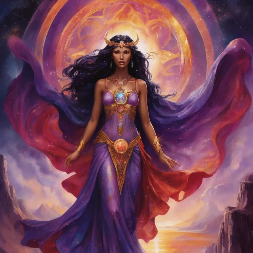 Prompt: Create a stunning, otherworldly depiction of Promethea, a divine, ethereal figure from the mystical realm of imagination. She stands tall, her flowing, radiant gown infused with the colors of a cosmic sunset—deep purples, golds, and fiery reds—shimmering with arcane symbols and celestial patterns. Her eyes glow with the wisdom of ancient gods, and in her hand, she holds a golden caduceus, representing knowledge and magic. Surrounding her is a swirling tapestry of mythical creatures, abstract patterns, and elements from various mythologies—Greek, Egyptian, and beyond—interweaving with the stars and planets of a boundless sky. The background should blend modern cityscapes with the dreamlike world of the Immateria, with bridges of light connecting them. Everything should feel like a fusion of magic and modernity, radiating power, wonder, and mystery."

This captures the essence of Promethea, blending mythology with the infinite imagination and dreamlike qualities central to the story.