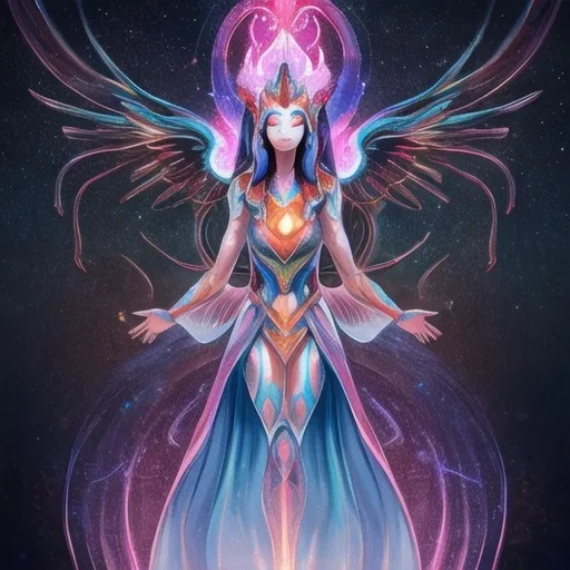 Prompt: Promethea is a majestic and radiant figure, embodying wisdom and strength. As the Magic Goddess, she possesses an aura of profound knowledge and benevolence. Standing tall and poised, she exudes a calm yet powerful presence that commands respect and admiration. Her eyes, shimmering with a deep understanding of the universe, reflect both compassion and determination.

In her right hand, Promethea holds a flaming caduceus, a symbol of healing and transformation. The flames that surround it are not destructive but rather warm and comforting, representing the light of knowledge that dispels ignorance and the energy that brings about positive change. Her flowing robes, shimmering with iridescent hues, seem to ripple with the power of the elements, hinting at her connection to the fundamental forces of nature.

Promethea's demeanor is one of serene confidence. She is a guiding light, a protector of wisdom, and an embodiment of the magical forces that inspire creativity and growth. Her presence is both awe-inspiring and reassuring, making her a figure of immense respect and admiration in the world she graces.