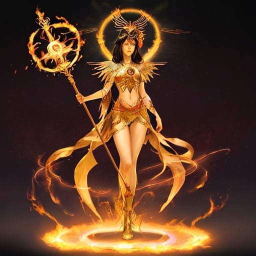 Prompt: FULL BODY, HYPER REALISTIC, PROMETHEA, GODDESS, MAGIC, ART, FIRE, LANGUAGE, BORDERS, PSYCHOPOMP, INSPIRATION, IMAGINATION, DIVINE, FEMALE, POWER, HOLDING A STAFF TOPPED WITH A FLAMING CADEUSUS