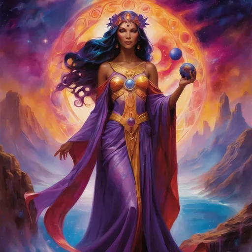 Prompt: Create a stunning, otherworldly depiction of Promethea, a divine, ethereal figure from the mystical realm of imagination. She stands tall, her flowing, radiant gown infused with the colors of a cosmic sunset—deep purples, golds, and fiery reds—shimmering with arcane symbols and celestial patterns. Her eyes glow with the wisdom of ancient gods, and in her hand, she holds a golden caduceus, representing knowledge and magic. Surrounding her is a swirling tapestry of mythical creatures, abstract patterns, and elements from various mythologies—Greek, Egyptian, and beyond—interweaving with the stars and planets of a boundless sky. The background should blend modern cityscapes with the dreamlike world of the Immateria, with bridges of light connecting them. Everything should feel like a fusion of magic and modernity, radiating power, wonder, and mystery."

This captures the essence of Promethea, blending mythology with the infinite imagination and dreamlike qualities central to the story.