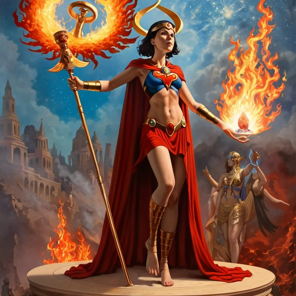 Prompt: FULL BODY, HYPER REALISTIC, PROMETHEA, GODDESS, MAGIC, ART, FIRE, LANGUAGE, BORDERS, PSYCHOPOMP, INSPIRATION, IMAGINATION, DIVINE, FEMALE, POWER, HOLDING A STAFF TOPPED WITH A FLAMING CADEUSUS