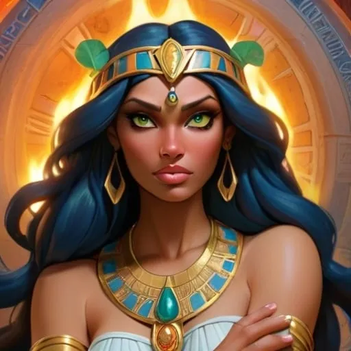 Prompt: Promethea represents a captivating fusion of divine qualities attributed to Goddesses, encompassing magic, art, fire, language, and power. With her Egyptian and Irish heritage, she embodies a unique blend of cultural influences, while her huge thick arms symbolize her immense strength and presence as a formidable female deity.