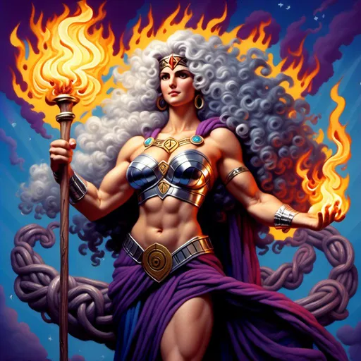 Prompt: <mymodel>PROMETHEA, GODDESS, CURLY SILVER HAIR, MIDDLE AGED, STOCKY, VERY BIG MUSCULAR ARMS, STORT, WIDE SHOULDERS, IRISH, HOLDING A STAFF TOPPED WITH A caduceus BURNING WITH PURPLE, BLUE, AND YELLOW FIRE, CUTE POT BELLY, VERY FEMININE