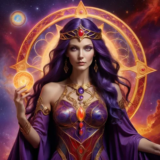 Prompt: Create a stunning, otherworldly depiction of Promethea, a divine, ethereal figure from the mystical realm of imagination. She stands tall, her flowing, radiant gown infused with the colors of a cosmic sunset—deep purples, golds, and fiery reds—shimmering with arcane symbols and celestial patterns. Her eyes glow with the wisdom of ancient gods, and in her hand, she holds a golden caduceus, representing knowledge and magic. Surrounding her is a swirling tapestry of mythical creatures, abstract patterns, and elements from various mythologies—Greek, Egyptian, and beyond—interweaving with the stars and planets of a boundless sky. The background should blend modern cityscapes with the dreamlike world of the Immateria, with bridges of light connecting them. Everything should feel like a fusion of magic and modernity, radiating power, wonder, and mystery."

This captures the essence of Promethea, blending mythology with the infinite imagination and dreamlike qualities central to the story.