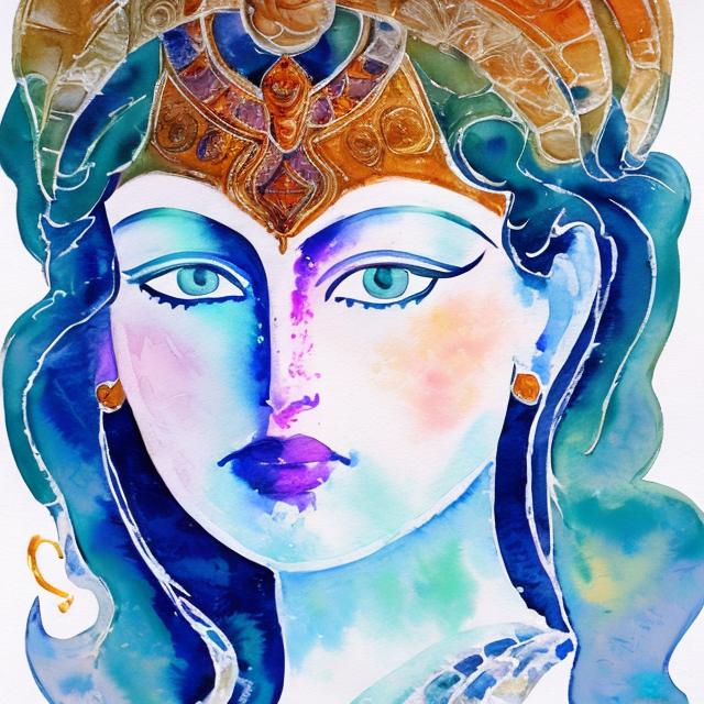 Prompt: ICY WATERCOLOR OF THE BEAUTIFUL FACE OF THE GODDESS PROMETHEA