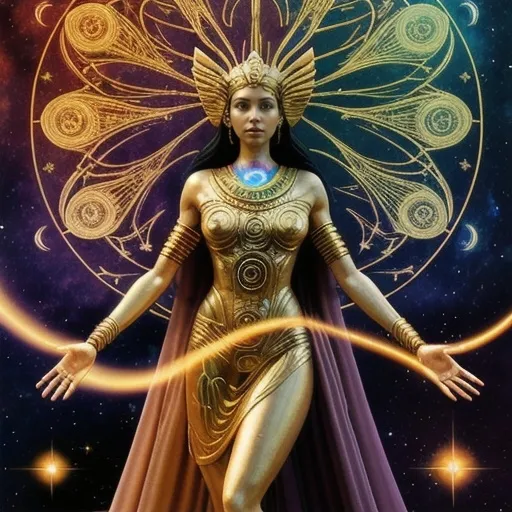 Prompt: Create a stunning, otherworldly depiction of Promethea, a divine, ethereal figure from the mystical realm of imagination. She stands tall, her flowing, radiant gown infused with the colors of a cosmic sunset—deep purples, golds, and fiery reds—shimmering with arcane symbols and celestial patterns. Her eyes glow with the wisdom of ancient gods, and in her hand, she holds a golden caduceus, representing knowledge and magic. Surrounding her is a swirling tapestry of mythical creatures, abstract patterns, and elements from various mythologies—Greek, Egyptian, and beyond—interweaving with the stars and planets of a boundless sky. The background should blend modern cityscapes with the dreamlike world of the Immateria, with bridges of light connecting them. Everything should feel like a fusion of magic and modernity, radiating power, wonder, and mystery."

This captures the essence of Promethea, blending mythology with the infinite imagination and dreamlike qualities central to the story.