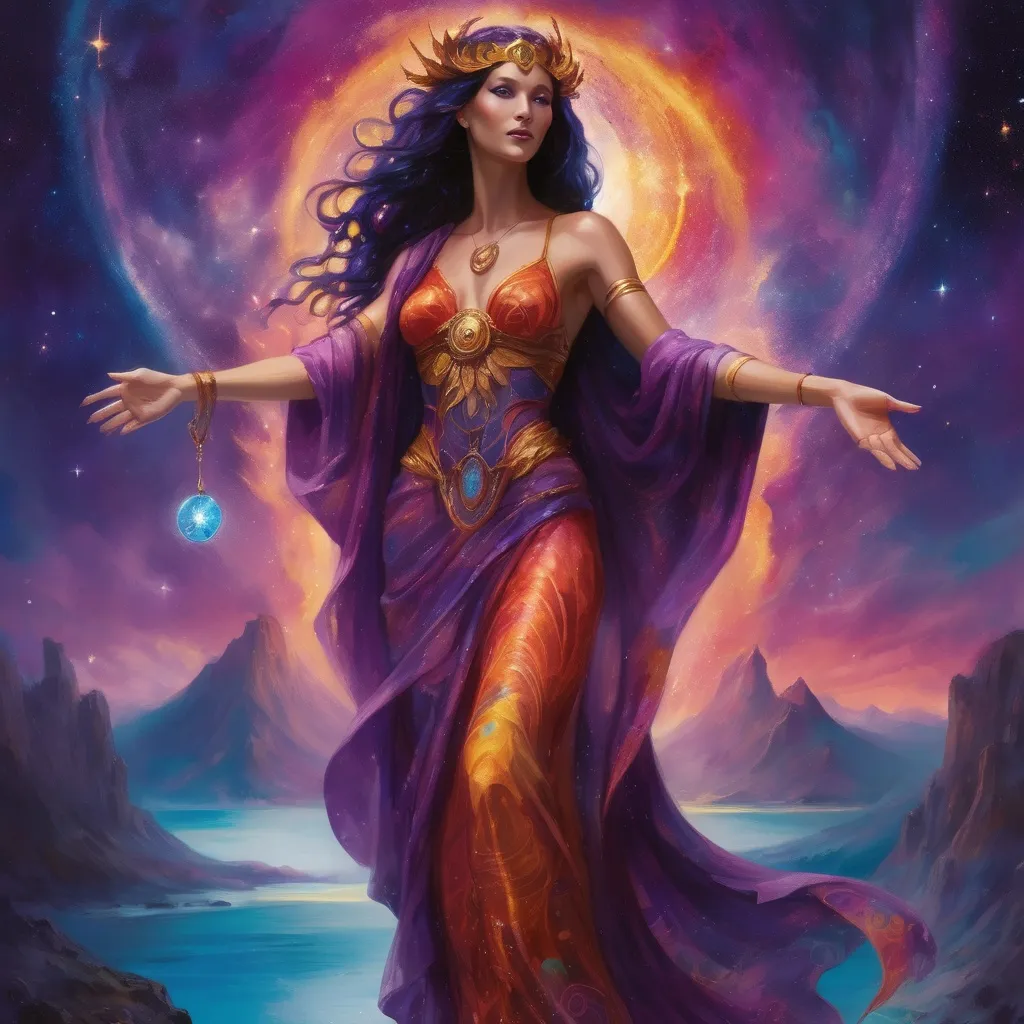 Prompt: Create a stunning, otherworldly depiction of Promethea, a divine, ethereal figure from the mystical realm of imagination. She stands tall, her flowing, radiant gown infused with the colors of a cosmic sunset—deep purples, golds, and fiery reds—shimmering with arcane symbols and celestial patterns. Her eyes glow with the wisdom of ancient gods, and in her hand, she holds a golden caduceus, representing knowledge and magic. Surrounding her is a swirling tapestry of mythical creatures, abstract patterns, and elements from various mythologies—Greek, Egyptian, and beyond—interweaving with the stars and planets of a boundless sky. The background should blend modern cityscapes with the dreamlike world of the Immateria, with bridges of light connecting them. Everything should feel like a fusion of magic and modernity, radiating power, wonder, and mystery."

This captures the essence of Promethea, blending mythology with the infinite imagination and dreamlike qualities central to the story.