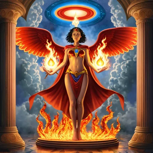 Prompt: FULL BODY, HYPER REALISTIC, PROMETHEA, GODDESS, MAGIC, ART, FIRE, LANGUAGE, BORDERS, PSYCHOPOMP, INSPIRATION, IMAGINATION, DIVINE, FEMALE, POWER, HOLDING A STAFF TOPPED WITH A FLAMING CADEUSUS