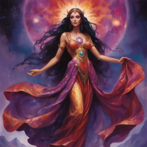 Prompt: Create a stunning, otherworldly depiction of Promethea, a divine, ethereal figure from the mystical realm of imagination. She stands tall, her flowing, radiant gown infused with the colors of a cosmic sunset—deep purples, golds, and fiery reds—shimmering with arcane symbols and celestial patterns. Her eyes glow with the wisdom of ancient gods, and in her hand, she holds a golden caduceus, representing knowledge and magic. Surrounding her is a swirling tapestry of mythical creatures, abstract patterns, and elements from various mythologies—Greek, Egyptian, and beyond—interweaving with the stars and planets of a boundless sky. The background should blend modern cityscapes with the dreamlike world of the Immateria, with bridges of light connecting them. Everything should feel like a fusion of magic and modernity, radiating power, wonder, and mystery."

This captures the essence of Promethea, blending mythology with the infinite imagination and dreamlike qualities central to the story.