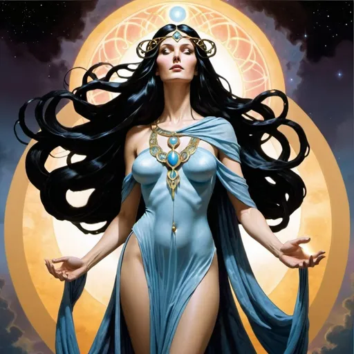 Prompt: Promethea is a powerful and mystifying goddess figure, symbolized by her tall and slender stature, long black hair, and elegant attire. Her ethereal and majestic presence exudes a sense of divine power and enigma, captivating those who worship her.