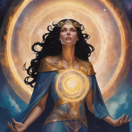 Prompt: Promethea appears as a luminous figure, her presence suffused with an otherworldly glow that seems to emanate from within her. Her skin, if visible, might shimmer faintly with iridescence, hinting at her connection to arcane energies. Her eyes, deep and enigmatic, hold a wisdom that spans ages, their color shifting subtly like the play of light on water.

She wears robes that seem to flow as if made of the very essence of magic itself—translucent yet vibrant, adorned with intricate patterns that resemble constellations or arcane runes. Symbols of her domain—a wand, a book of spells, or a crown of stars—may adorn her attire, each item pulsing softly with magical energy.

Promethea's hair cascades around her shoulders like a cascade of moonlit mist, occasionally flickering with tiny sparks of light. It seems to move of its own accord, as if responding to unseen currents of magic that permeate the air around her.

Her presence evokes a sense of both serenity and power, as if she embodies the delicate balance between the forces of creation and the mysteries of the cosmos. Promethea's form may appear ageless, timeless, and yet ever-changing, reflecting the boundless nature of magic itself.