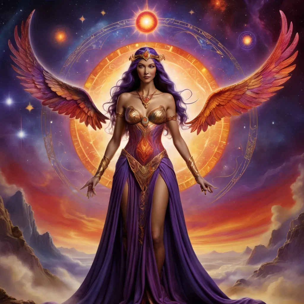 Prompt: Create a stunning, otherworldly depiction of Promethea, a divine, ethereal figure from the mystical realm of imagination. She stands tall, her flowing, radiant gown infused with the colors of a cosmic sunset—deep purples, golds, and fiery reds—shimmering with arcane symbols and celestial patterns. Her eyes glow with the wisdom of ancient gods, and in her hand, she holds a golden caduceus, representing knowledge and magic. Surrounding her is a swirling tapestry of mythical creatures, abstract patterns, and elements from various mythologies—Greek, Egyptian, and beyond—interweaving with the stars and planets of a boundless sky. The background should blend modern cityscapes with the dreamlike world of the Immateria, with bridges of light connecting them. Everything should feel like a fusion of magic and modernity, radiating power, wonder, and mystery."

This captures the essence of Promethea, blending mythology with the infinite imagination and dreamlike qualities central to the story.