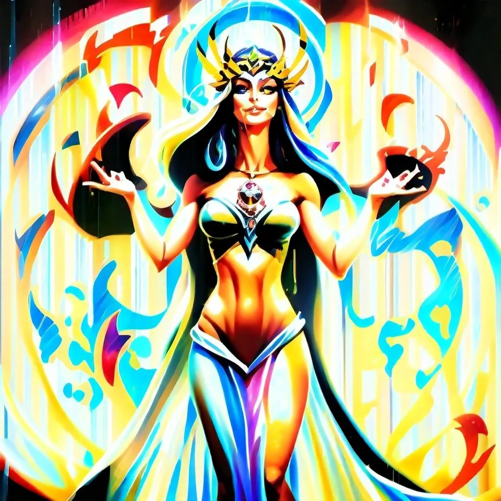 Prompt: Promethea, the goddess with her striking appearance and powerful presence, embodies a combination of beauty, strength, and magic. With her flowing red, gold, silver, and white robes inspired by iconic figures like Medusa and Wonder Woman, she exudes a regal aura. Her muscular arms and wide physique suggest both physical prowess and divine grace, while her staff, burning with purple, blue, and yellow fire, symbolizes her mystical abilities. Promethea represents a captivating mix of femininity and might, a true symbol of myth and wonder.