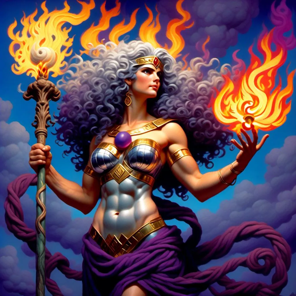 Prompt: <mymodel>PROMETHEA, GODDESS, CURLY SILVER HAIR, MIDDLE AGED, STOCKY, MUSCULAR ARMS, STORT, WIDE SHOULDERS, IRISH, HOLDING A STAFF TOPPED WITH A caduceus BURNING WITH PURPLE, BLUE, AND YELLOW FIRE, CUTE POT BELLY, VERY FEMININE