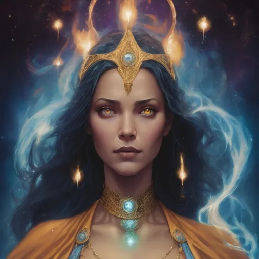 Prompt: Promethea appears as a luminous figure, her presence suffused with an otherworldly glow that seems to emanate from within her. Her skin, if visible, might shimmer faintly with iridescence, hinting at her connection to arcane energies. Her eyes, deep and enigmatic, hold a wisdom that spans ages, their color shifting subtly like the play of light on water.

She wears robes that seem to flow as if made of the very essence of magic itself—translucent yet vibrant, adorned with intricate patterns that resemble constellations or arcane runes. Symbols of her domain—a wand, a book of spells, or a crown of stars—may adorn her attire, each item pulsing softly with magical energy.

Promethea's hair cascades around her shoulders like a cascade of moonlit mist, occasionally flickering with tiny sparks of light. It seems to move of its own accord, as if responding to unseen currents of magic that permeate the air around her.

Her presence evokes a sense of both serenity and power, as if she embodies the delicate balance between the forces of creation and the mysteries of the cosmos. Promethea's form may appear ageless, timeless, and yet ever-changing, reflecting the boundless nature of magic itself.