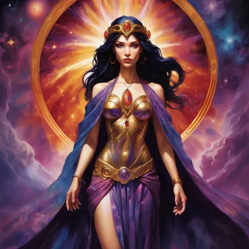 Prompt: Create a stunning, otherworldly depiction of Promethea, a divine, ethereal figure from the mystical realm of imagination. She stands tall, her flowing, radiant gown infused with the colors of a cosmic sunset—deep purples, golds, and fiery reds—shimmering with arcane symbols and celestial patterns. Her eyes glow with the wisdom of ancient gods, and in her hand, she holds a golden caduceus, representing knowledge and magic. Surrounding her is a swirling tapestry of mythical creatures, abstract patterns, and elements from various mythologies—Greek, Egyptian, and beyond—interweaving with the stars and planets of a boundless sky. The background should blend modern cityscapes with the dreamlike world of the Immateria, with bridges of light connecting them. Everything should feel like a fusion of magic and modernity, radiating power, wonder, and mystery."

This captures the essence of Promethea, blending mythology with the infinite imagination and dreamlike qualities central to the story.