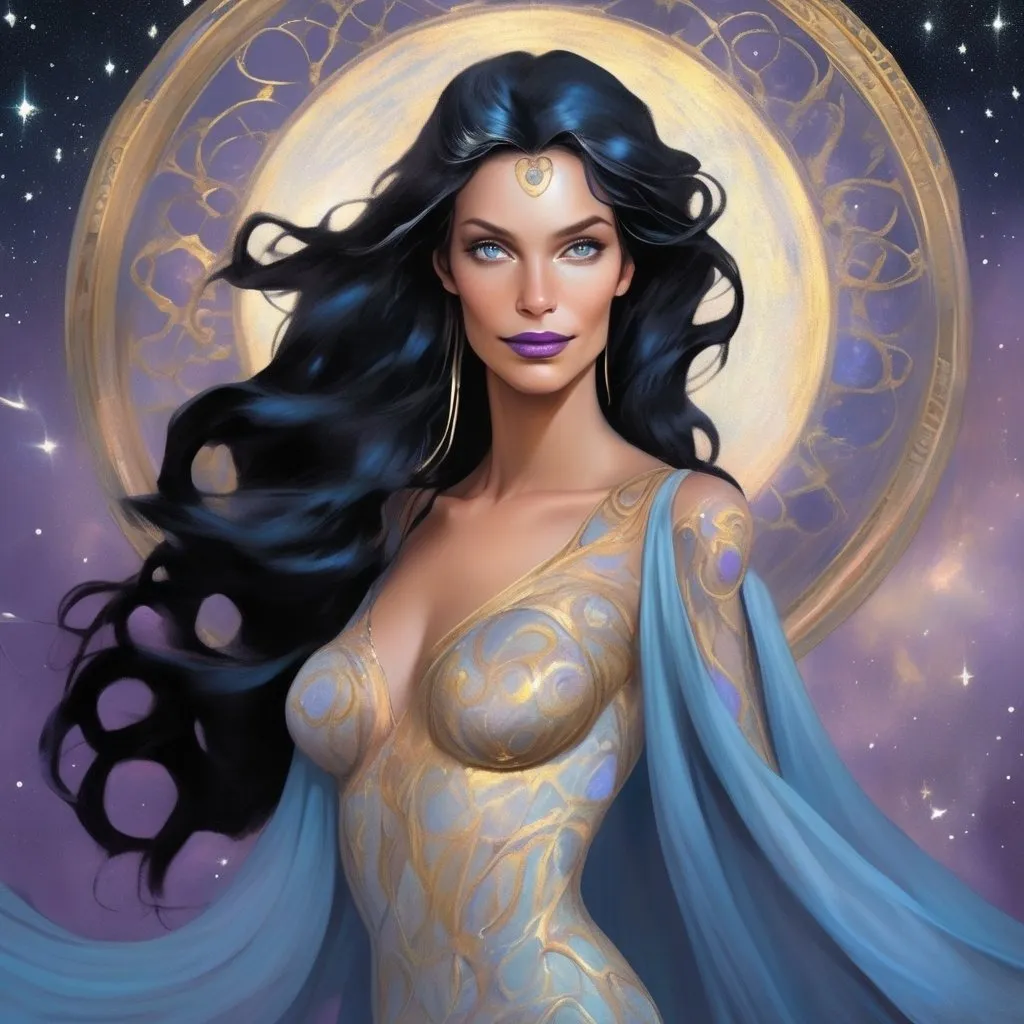 Prompt: Promethea, the magic goddess, is a stunningly beautiful being with a physique that exudes power and elegance. She stands tall at around 5'9" with a lithe yet athletic build, her curves honed from centuries of wielding her magical abilities. Her skin is a radiant porcelain-like complexion with a subtle shimmer, as if infused with the essence of the stars. Her raven-black hair cascades down her back like a waterfall of night, with subtle hints of purple and indigo that seem to shift and change color depending on the light. Her eyes burn with an inner fire, blazing like two sapphires that sparkle with an otherworldly intensity. Her features are chiseled and refined, with high cheekbones, a small nose, and lips that curve into a perpetual enigmatic smile. A delicate filigree of silver and gold adorns her ears, wrists, and throat, pulsing with a soft blue glow that seems to reflect the rhythm of the cosmos. As she moves, her very presence seems to command attention, as if the air itself responds to her magic.
