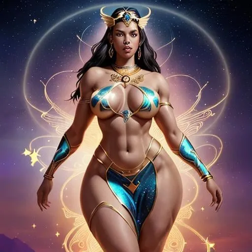 Prompt: Promethea, the magic goddess, is a stunningly beautiful being with a physique that exudes power and elegance. She stands tall at around 5'9" with a lithe yet athletic build, her curves honed from centuries of wielding her magical abilities. Her skin is a radiant porcelain-like complexion with a subtle shimmer, as if infused with the essence of the stars. Her raven-black hair cascades down her back like a waterfall of night, with subtle hints of purple and indigo that seem to shift and change color depending on the light. Her eyes burn with an inner fire, blazing like two sapphires that sparkle with an otherworldly intensity. Her features are chiseled and refined, with high cheekbones, a small nose, and lips that curve into a perpetual enigmatic smile. A delicate filigree of silver and gold adorns her ears, wrists, and throat, pulsing with a soft blue glow that seems to reflect the rhythm of the cosmos. As she moves, her very presence seems to command attention, as if the air itself responds to her magic.
