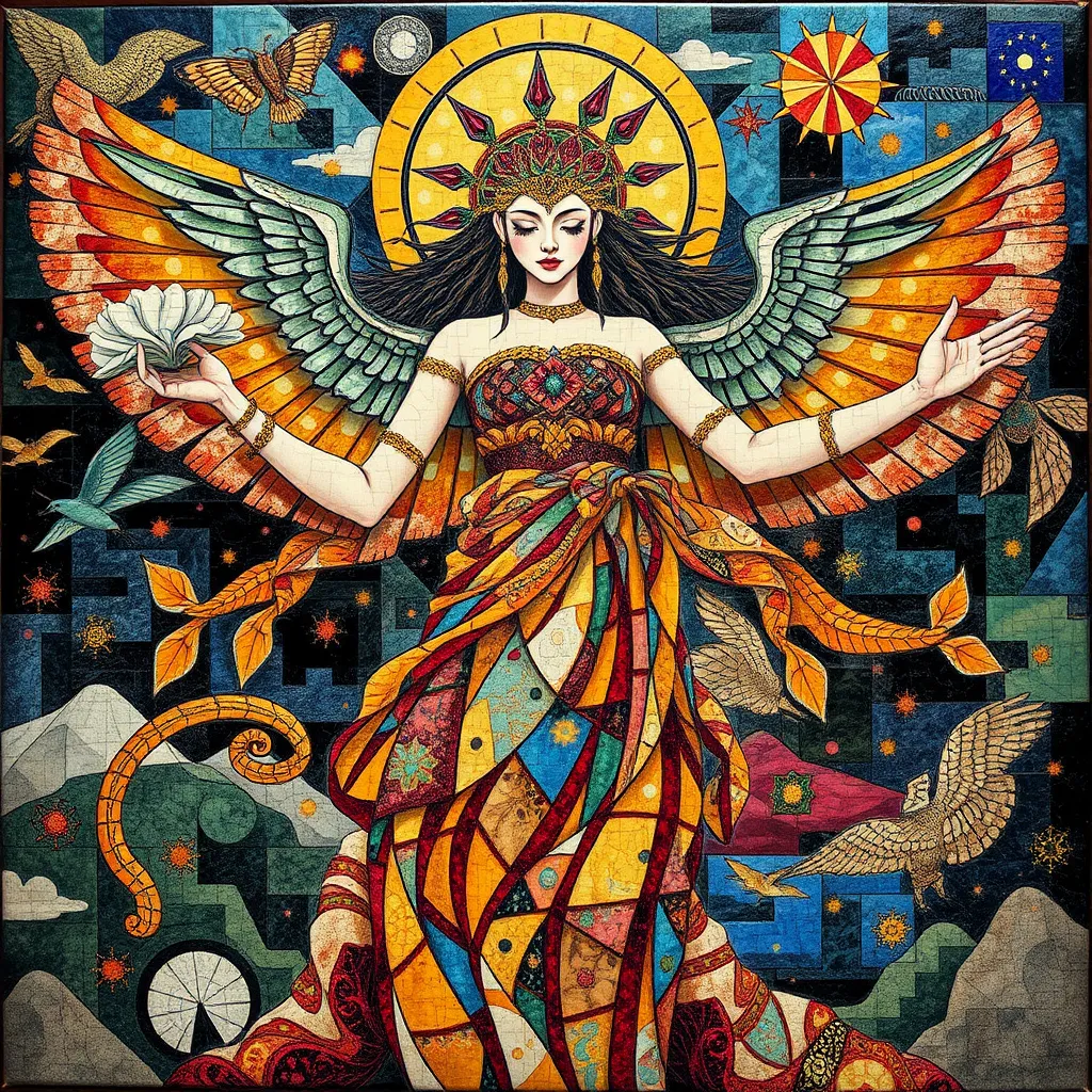 Prompt: PROMETHEA THE GODDESS OF MAGIC Patchwork art featuring the styles of Didier Lourenço, Enki Bilal, Arthur Rackham, Mark Rothko, Paul Klee, Joan Miro and Endre Penovac.
Diverse inlay techniques, watercolours, and ink medium, intricate and beautiful composition, fantastic view with rich colours. Extremely detailed and best quality artwork. Dynamic lighting enhancing the intricate details.