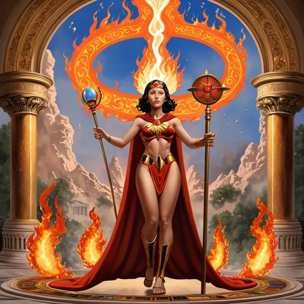 Prompt: FULL BODY, HYPER REALISTIC, PROMETHEA, GODDESS, MAGIC, ART, FIRE, LANGUAGE, BORDERS, PSYCHOPOMP, INSPIRATION, IMAGINATION, DIVINE, FEMALE, POWER, HOLDING A STAFF TOPPED WITH A FLAMING CADEUSUS