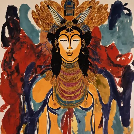 Prompt: ABSTRACT EXPRESSIONISTIC PAINTING OF A MAN BECOMING THE GODDESS PROMETHEA