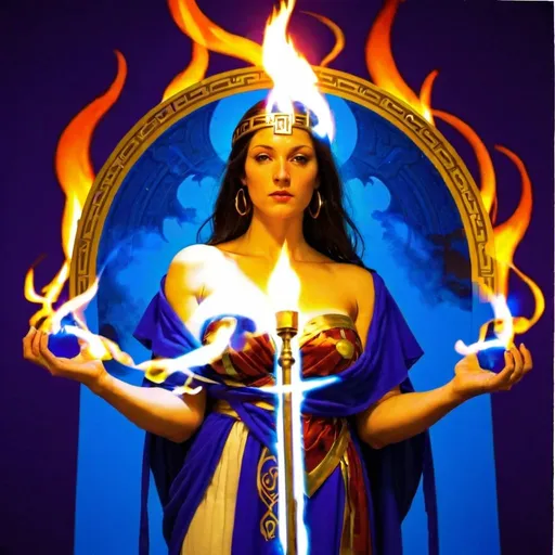 Prompt: IN THE STYLE OF R2ROH; PROMETHEA, LET YOUR ANGELFIRE LIGHT MY WAY, IMPOSSIBLY SUPER THICK HEAVILY MUSCLED BIG ARMS, HUGE BICEP, THE MAGIC GODDESS PROMETHEA MODELED ON MONA LISA, MEDUSA, WONDER WOMAN, SHE-HULK, BAT-WOMAN, ISIS, TITANIA, BAT-GIRL, HEAVILY MUSCLED, FLOWING RED AND WHITE ROBES WITH GOLD GREEK-KEY TRIM, HOLDING A BURNING PURPLE AND RED AND BLUE STAFF, PROMETHEA, GODDESS, ART, LANGUAGE, INSPIRATION, FIRE, BORDERS, MAGIC, DIVINE, FEMALE, POWER