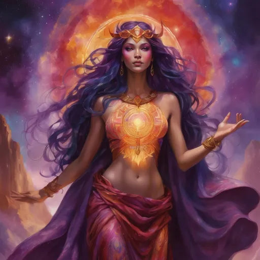 Prompt: Create a stunning, otherworldly depiction of Promethea, a divine, ethereal figure from the mystical realm of imagination. She stands tall, her flowing, radiant gown infused with the colors of a cosmic sunset—deep purples, golds, and fiery reds—shimmering with arcane symbols and celestial patterns. Her eyes glow with the wisdom of ancient gods, and in her hand, she holds a golden caduceus, representing knowledge and magic. Surrounding her is a swirling tapestry of mythical creatures, abstract patterns, and elements from various mythologies—Greek, Egyptian, and beyond—interweaving with the stars and planets of a boundless sky. The background should blend modern cityscapes with the dreamlike world of the Immateria, with bridges of light connecting them. Everything should feel like a fusion of magic and modernity, radiating power, wonder, and mystery."

This captures the essence of Promethea, blending mythology with the infinite imagination and dreamlike qualities central to the story.