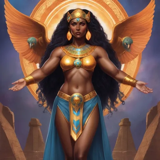 Prompt: Promethea represents a captivating fusion of divine qualities attributed to Goddesses, encompassing magic, art, fire, language, and power. With her Egyptian and Irish heritage, she embodies a unique blend of cultural influences, while her huge thick arms symbolize her immense strength and presence as a formidable female deity.