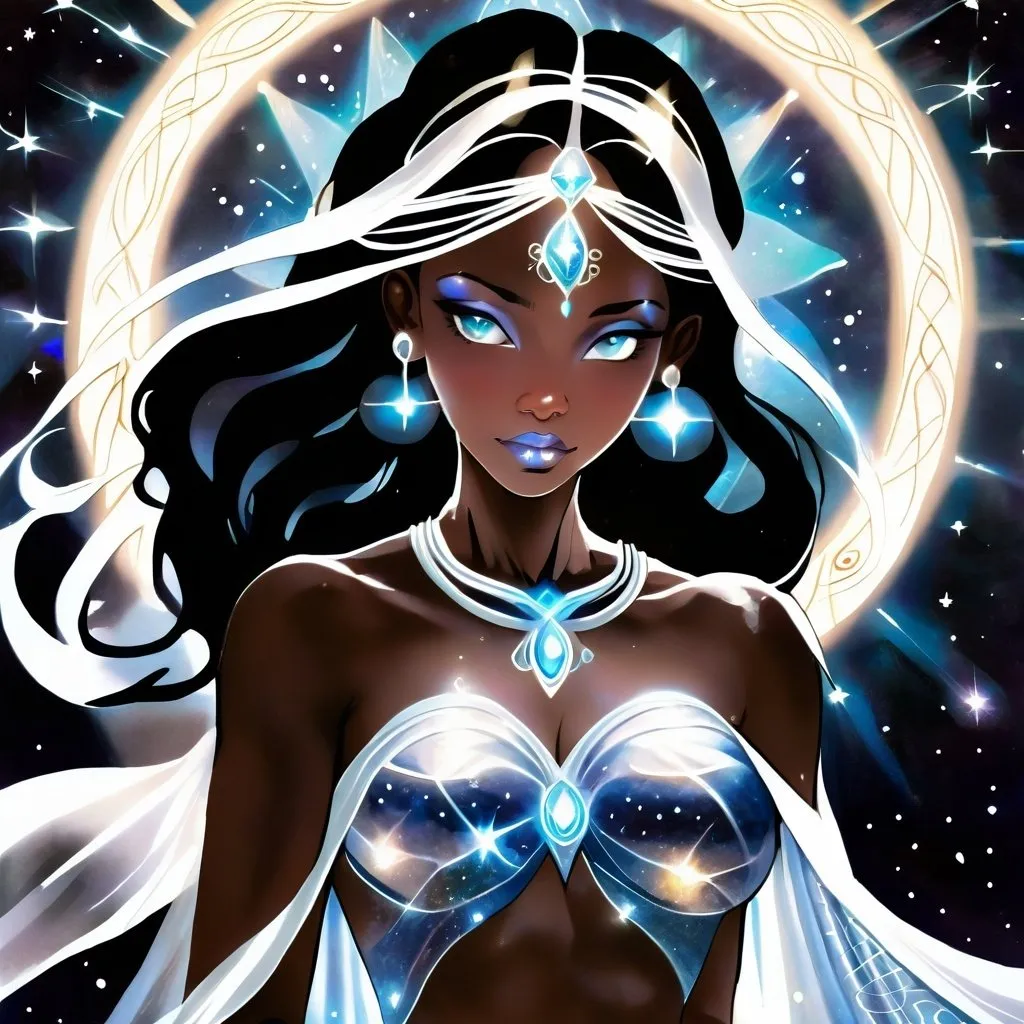 Prompt: What a breathtaking depiction of Promethea, Goddess of Magic! The scene exudes an otherworldly aura, with the translucent fabric on her shoulders and shimmering MOONLIGHT on her DARK skin creating an ethereal glow. The silver patterns on her skin resemble cosmic symbols, hinting at her divine connection to the universe. The CADUESUS-shaped staff, illuminated by mystical light, adds to her regal presence. The stars woven into her hair and the soft, flowing pose only enhance the sense of Enchantment, as if she's stepping out of a celestial realm.