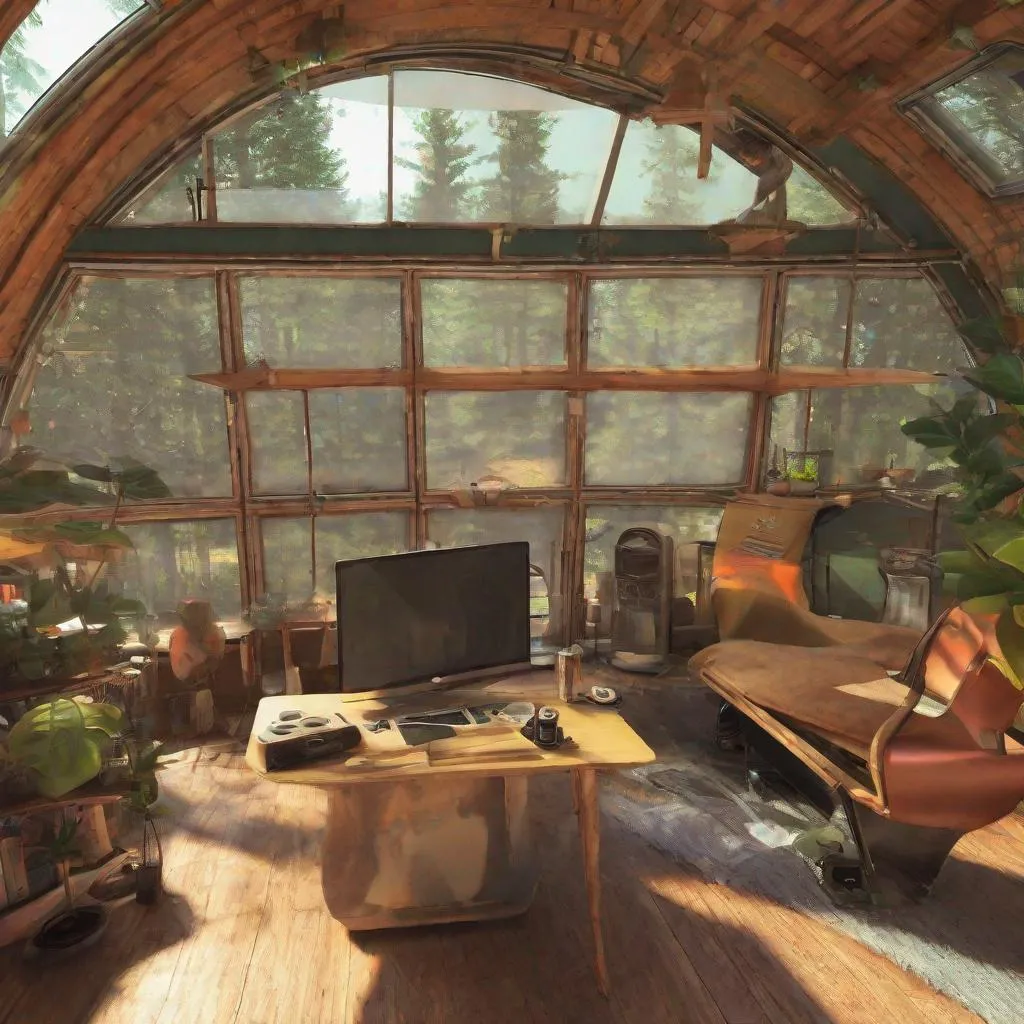 Prompt: RETRO SOLARPUNK OPEN CONCEPT CABIN