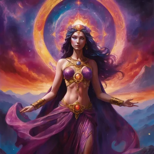 Prompt: Create a stunning, otherworldly depiction of Promethea, a divine, ethereal figure from the mystical realm of imagination. She stands tall, her flowing, radiant gown infused with the colors of a cosmic sunset—deep purples, golds, and fiery reds—shimmering with arcane symbols and celestial patterns. Her eyes glow with the wisdom of ancient gods, and in her hand, she holds a golden caduceus, representing knowledge and magic. Surrounding her is a swirling tapestry of mythical creatures, abstract patterns, and elements from various mythologies—Greek, Egyptian, and beyond—interweaving with the stars and planets of a boundless sky. The background should blend modern cityscapes with the dreamlike world of the Immateria, with bridges of light connecting them. Everything should feel like a fusion of magic and modernity, radiating power, wonder, and mystery."

This captures the essence of Promethea, blending mythology with the infinite imagination and dreamlike qualities central to the story.