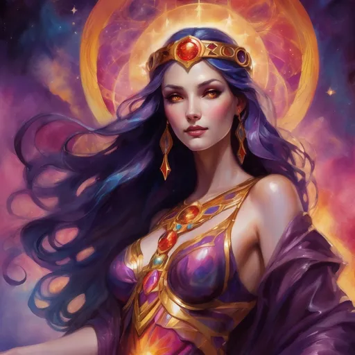 Prompt: Create a stunning, otherworldly depiction of Promethea, a divine, ethereal figure from the mystical realm of imagination. She stands tall, her flowing, radiant gown infused with the colors of a cosmic sunset—deep purples, golds, and fiery reds—shimmering with arcane symbols and celestial patterns. Her eyes glow with the wisdom of ancient gods, and in her hand, she holds a golden caduceus, representing knowledge and magic. Surrounding her is a swirling tapestry of mythical creatures, abstract patterns, and elements from various mythologies—Greek, Egyptian, and beyond—interweaving with the stars and planets of a boundless sky. The background should blend modern cityscapes with the dreamlike world of the Immateria, with bridges of light connecting them. Everything should feel like a fusion of magic and modernity, radiating power, wonder, and mystery."

This captures the essence of Promethea, blending mythology with the infinite imagination and dreamlike qualities central to the story.