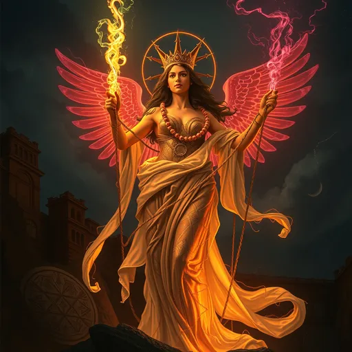 Prompt: PROMETHEA HOLDING A FLAMING GLOWING CADUCEUS REVACHOL FOREVER DISCO ELYSIUM