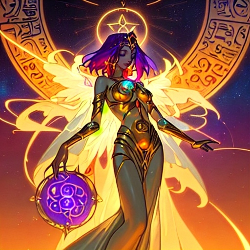 Prompt: Create a stunning, otherworldly depiction of Promethea, a divine, ethereal figure from the mystical realm of imagination. She stands tall, her flowing, radiant gown infused with the colors of a cosmic sunset—deep purples, golds, and fiery reds—shimmering with arcane symbols and celestial patterns. Her eyes glow with the wisdom of ancient gods, and in her hand, she holds a golden caduceus, representing knowledge and magic. Surrounding her is a swirling tapestry of mythical creatures, abstract patterns, and elements from various mythologies—Greek, Egyptian, and beyond—interweaving with the stars and planets of a boundless sky. The background should blend modern cityscapes with the dreamlike world of the Immateria, with bridges of light connecting them. Everything should feel like a fusion of magic and modernity, radiating power, wonder, and mystery."

This captures the essence of Promethea, blending mythology with the infinite imagination and dreamlike qualities central to the story.