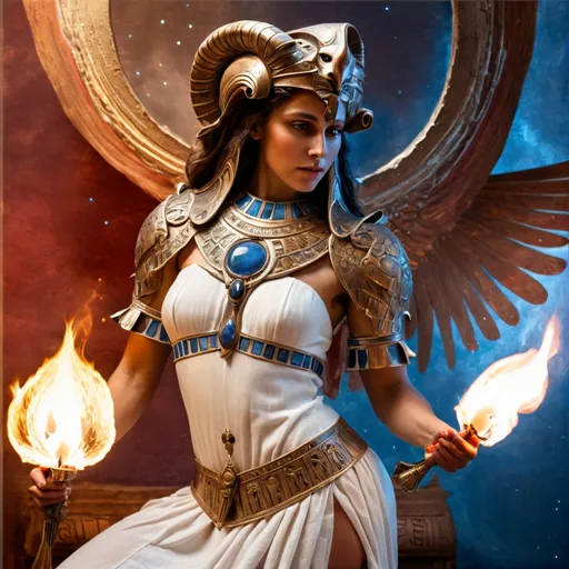Prompt: PROMETHEA in WHITE LINEN WITH BLUE TRIM AND RED and BRONZE ARMOR HOLDING A CADEUSUS FLAMING WITH HOLY FIRE, wings, stars in the background, fantasy, Egyptian art, GODDESS, ART, FIRE, WATER, ARIES, AQUARIUS, LANGUAGE, COMMUNICATION, BORDERS, INSPIRATION, MAGIC, FEMALE, POWER, STRONG ARMS, WARRIOR