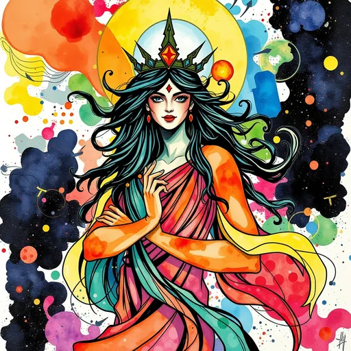 Prompt: Vibrant wallpaper design featuring THE GODDESS OF MAGIC, PROMETHEA, abstract shapes swirling around her, energetic colors in watercolor style, modern interpretation of empowerment, with strong black ballpoint pen outlines, expressive doodles intertwined;8k resolution, highly detailed, artstation, full hd, contemporary art, inviting creativity