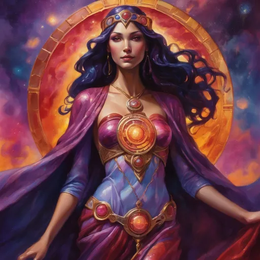 Prompt: Create a stunning, otherworldly depiction of Promethea, a divine, ethereal figure from the mystical realm of imagination. She stands tall, her flowing, radiant gown infused with the colors of a cosmic sunset—deep purples, golds, and fiery reds—shimmering with arcane symbols and celestial patterns. Her eyes glow with the wisdom of ancient gods, and in her hand, she holds a golden caduceus, representing knowledge and magic. Surrounding her is a swirling tapestry of mythical creatures, abstract patterns, and elements from various mythologies—Greek, Egyptian, and beyond—interweaving with the stars and planets of a boundless sky. The background should blend modern cityscapes with the dreamlike world of the Immateria, with bridges of light connecting them. Everything should feel like a fusion of magic and modernity, radiating power, wonder, and mystery."

This captures the essence of Promethea, blending mythology with the infinite imagination and dreamlike qualities central to the story.