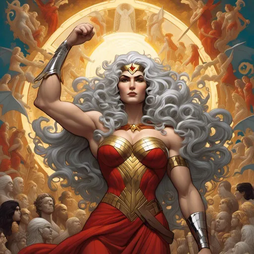 Prompt: <mymodel>PROMETHEA, GODDESS, CURLY SILVER HAIR, MIDDLE AGED, STOCKY, VERY BIG MUSCULAR ARMS, STORT, WIDE SHOULDERS, WIDE WAIST, IRISH, WONDEROUS FLOWING red, gold, silver and white ROBES, MODELED ON MONA LISA, MEDUSA, WONDER WOMAN, SHE-HULK, BAT-WOMAN, ISIS, TITANIA, BAT-GIRL, HOLDING A STAFF TOPPED WITH A caduceus BURNING WITH PURPLE, BLUE, AND YELLOW FIRE, CUTE POT BELLY, VERY FEMININE, VERY BEAUTIFUL, MAGIC  
