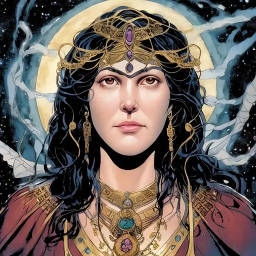 Prompt: The appearance of Promethea's face depends on the artist's interpretation in different issues of the comic book series. However, she is commonly depicted as having a youthful and serene visage with a hint of ethereal beauty. Her eyes often radiate wisdom, and her expression often conveys a sense of calm and inner strength. The exact details of her facial features may vary, but her appearance typically embodies a sense of mystique and enchantment that reflects her status as a divine and transformative figure.