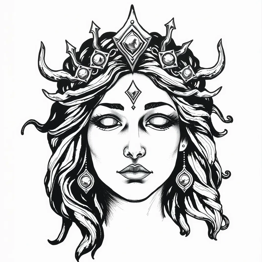 Prompt: BLACK AND WHITE INK PAINTING OF THE FACE OF PROMETHEA THE GODDESS OF MAGIC