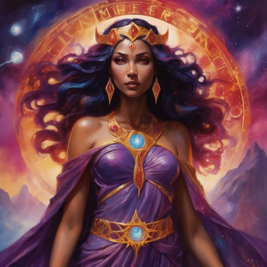 Prompt: Create a stunning, otherworldly depiction of Promethea, a divine, ethereal figure from the mystical realm of imagination. She stands tall, her flowing, radiant gown infused with the colors of a cosmic sunset—deep purples, golds, and fiery reds—shimmering with arcane symbols and celestial patterns. Her eyes glow with the wisdom of ancient gods, and in her hand, she holds a golden caduceus, representing knowledge and magic. Surrounding her is a swirling tapestry of mythical creatures, abstract patterns, and elements from various mythologies—Greek, Egyptian, and beyond—interweaving with the stars and planets of a boundless sky. The background should blend modern cityscapes with the dreamlike world of the Immateria, with bridges of light connecting them. Everything should feel like a fusion of magic and modernity, radiating power, wonder, and mystery."

This captures the essence of Promethea, blending mythology with the infinite imagination and dreamlike qualities central to the story.