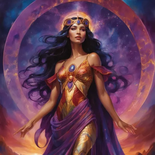 Prompt: Create a stunning, otherworldly depiction of Promethea, a divine, ethereal figure from the mystical realm of imagination. She stands tall, her flowing, radiant gown infused with the colors of a cosmic sunset—deep purples, golds, and fiery reds—shimmering with arcane symbols and celestial patterns. Her eyes glow with the wisdom of ancient gods, and in her hand, she holds a golden caduceus, representing knowledge and magic. Surrounding her is a swirling tapestry of mythical creatures, abstract patterns, and elements from various mythologies—Greek, Egyptian, and beyond—interweaving with the stars and planets of a boundless sky. The background should blend modern cityscapes with the dreamlike world of the Immateria, with bridges of light connecting them. Everything should feel like a fusion of magic and modernity, radiating power, wonder, and mystery."

This captures the essence of Promethea, blending mythology with the infinite imagination and dreamlike qualities central to the story.