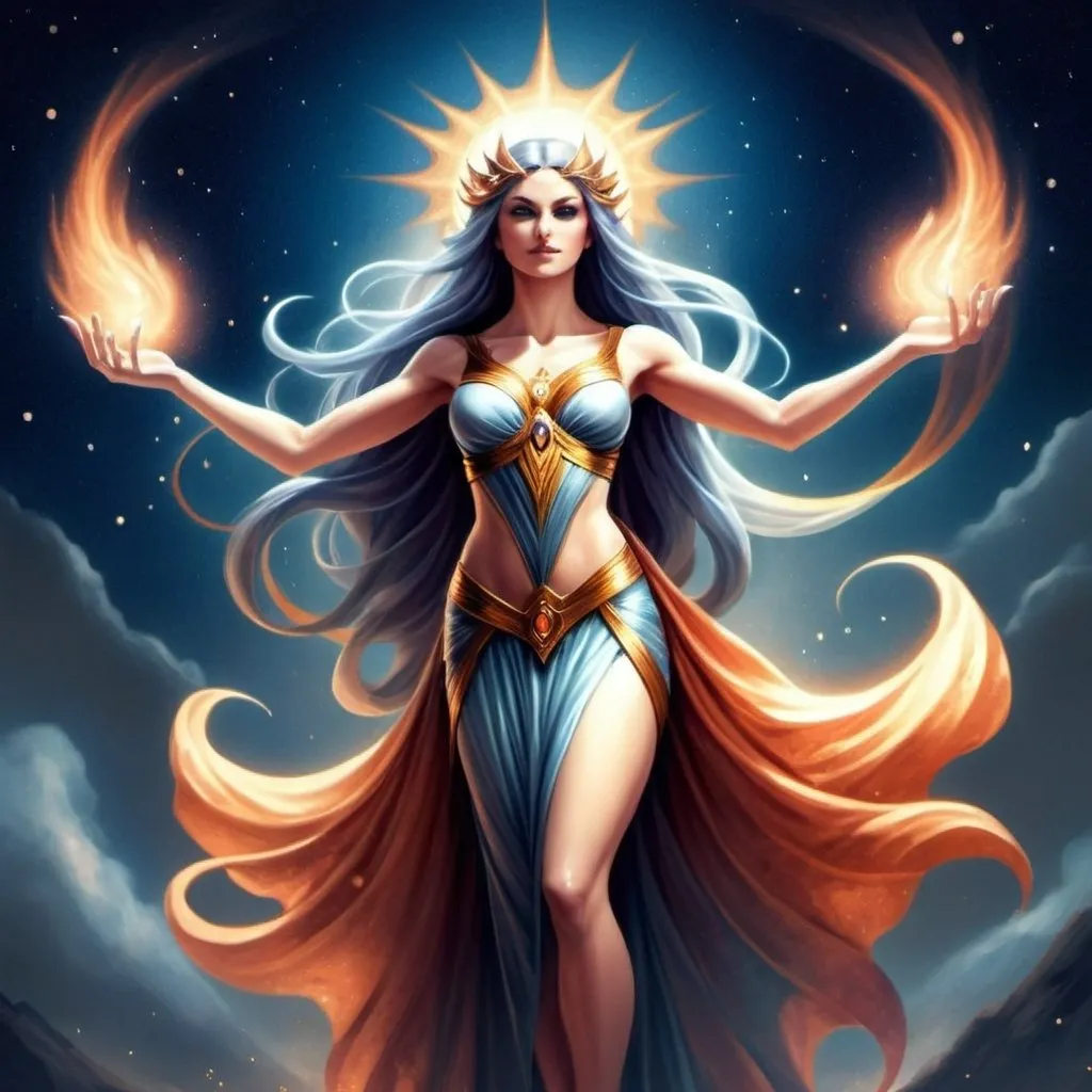 Prompt: Promethea, the goddess with her striking appearance and powerful presence, embodies a combination of beauty, strength, and magic. With her flowing red, gold, silver, and white robes inspired by iconic figures like Medusa and Wonder Woman, she exudes a regal aura. Her muscular arms and wide physique suggest both physical prowess and divine grace, while her staff, burning with purple, blue, and yellow fire, symbolizes her mystical abilities. Promethea represents a captivating mix of femininity and might, a true symbol of myth and wonder.