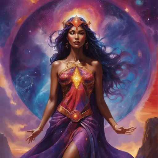 Prompt: Create a stunning, otherworldly depiction of Promethea, a divine, ethereal figure from the mystical realm of imagination. She stands tall, her flowing, radiant gown infused with the colors of a cosmic sunset—deep purples, golds, and fiery reds—shimmering with arcane symbols and celestial patterns. Her eyes glow with the wisdom of ancient gods, and in her hand, she holds a golden caduceus, representing knowledge and magic. Surrounding her is a swirling tapestry of mythical creatures, abstract patterns, and elements from various mythologies—Greek, Egyptian, and beyond—interweaving with the stars and planets of a boundless sky. The background should blend modern cityscapes with the dreamlike world of the Immateria, with bridges of light connecting them. Everything should feel like a fusion of magic and modernity, radiating power, wonder, and mystery."

This captures the essence of Promethea, blending mythology with the infinite imagination and dreamlike qualities central to the story.